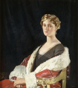 南希·奥斯瓦尔德·史密斯（Nancy Oswald Smith）的肖像，坐半身，穿红色衬皮大衣，1915年 作者 威廉·奥彭