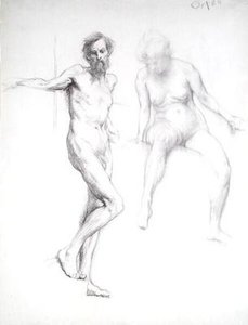 一个男人和一个女人的研究（纸上铅笔）。 作者 威廉·奥彭