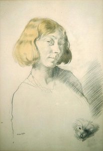 维拉-霍恩和她的狗，约1912年（纸上铅笔和水墨）。 作者 威廉·奥彭