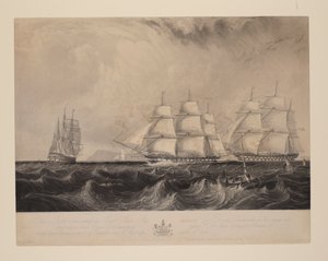这幅版画描绘的是东印度船 "弗农 "号，指挥官是 Geo.1839 年 9 月 21 日，这艘装有 30 匹马力蒸汽机的东印度船在本布里奇[原文如此，i.b.]附近的英吉利海峡驶过英国皇家海军的爱丁堡号和布伦海姆 74 号船。 作者 威廉·奥弗兰德·盖勒