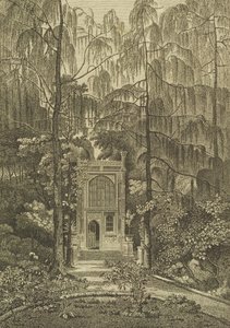 在草莓山的花园里的教堂的视图，由戈弗雷雕刻，1784年