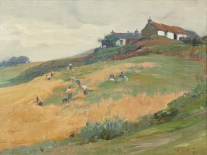 山坡上的收割工人（布面油画）
