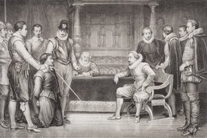 盖伊福克斯（1570-1606）由詹姆斯一世（1566-1625）和他在国王卧室的议会审问，来自“英国和苏格兰历史插图”第一卷