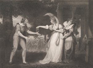 公爵府前-罗莎琳德、西莉亚、奥兰多、公爵......，1800年首次出版，1852年再版。 作者 威廉·萨奇维尔·莱尼
