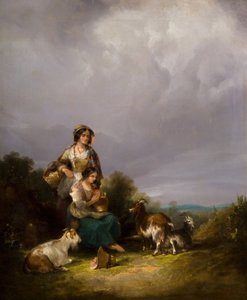 风景中的两个年轻女人和山羊，1870年。 作者 威廉·沙耶
