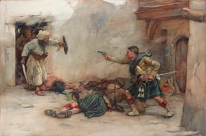 第 92 戈登高地步兵团鼓手詹姆斯-罗迪克（James Roddick）在坎大哈的徒手搏斗中保护孟席斯中尉 作者 威廉·斯科奇·卡明