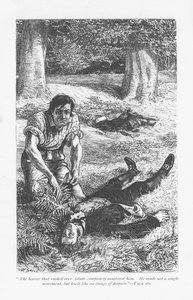 Adam Bede, having got the better of Arthur Donnithorne in a fight, is horrified to see his rival lying unconcious. Adam Bede by George Eliot, first published 1859. Illustration by William Small (1843-1929) from an edition published c1885. 作者 威廉·斯莫特