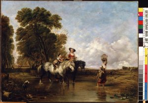 Traversee a gue（穿越岔道）。威廉-沙耶（William I Shayer，1788-1879 年）的画作。布面油画，94.5 x 127.5 厘米。19 世纪英国画派。国家 M.K. Ciurlionis 艺术博物馆，考纳斯（立陶宛）。