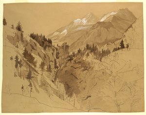 绘画，瑞士迈林根附近的山脉，1856 年 作者 威廉·斯坦利·哈瑟尔汀