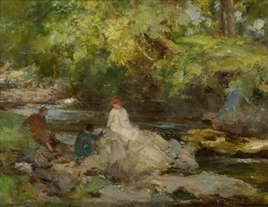 Three Figures by a River (oil on canvas)