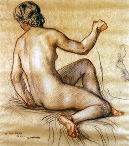女性裸体的研究，约1890年（纸上木炭，红白粉笔）