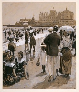Harpers Weekly，酒吧的海滩场景。 1900年（彩色石版画）
