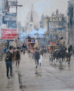 舰队街和路德盖特山高架桥，过往火车冒烟，约 1910 年（水彩画） 作者 威廉·沃尔科特