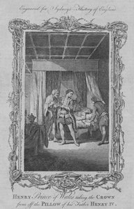 威尔士的亨利王子（Henry Prince of Wales）从这位父亲亨利四世（Henry IV）的枕头上摘下了王冠，1773年。
