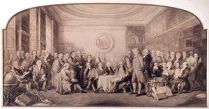1807-1808年的科学界知名人士。在英国皇家科学研究所的图书馆开会。威廉-沃克和约翰-吉尔伯特爵士（1817 - 1897）的雕刻 - 生活在1807年的科学界知名人士 - 科学界知名人士