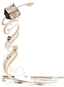绿野仙踪》--《绿野仙踪》：丹斯洛、威廉-华莱士（1856-1915）为弗兰克-鲍姆的书的第一个版本之一绘制的图画（1856-1919）--堪萨斯州的多萝西（Dorothy）的房子被旋风--龙卷风、飓风带入了天空。