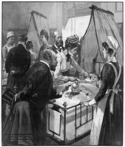 威尔士亲王和公主前往伊夫林医院生病的儿童，1890年。