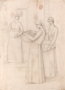 墙面装饰设计 "的研究--三个手提苹果篮的妇女，约 1918 年（纸上铅笔画）