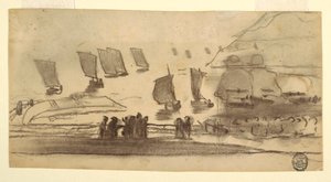 素描，有人物和渔船的海滩场景，英格兰库勒科茨，1881-82 年 作者 温斯洛·荷马