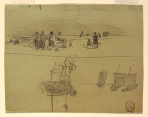 素描，有提着篮子的妇女的海滩场景，英格兰库勒科茨，1881-82 年 作者 温斯洛·荷马
