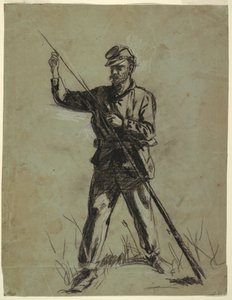绘图，骑兵士兵给步枪上膛，1863-64 年 作者 温斯洛·荷马