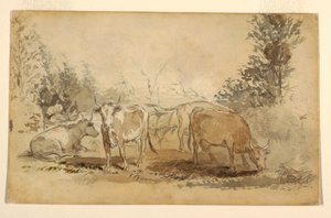 素描，四头在牧场上吃草的奶牛，约 1855-60 年 作者 温斯洛·荷马