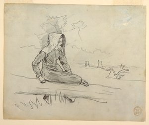 素描，坐在树干上的女孩，1879 年 作者 温斯洛·荷马