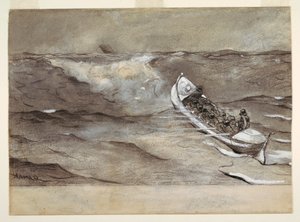 素描，救生艇，水彩画 "铁冠号沉船 "的研究，1881 年 作者 温斯洛·荷马