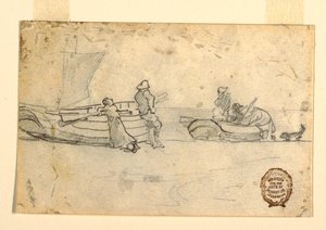 素描，《海滩上的两艘船和人物》，英格兰库勒科茨，1881-82 年 作者 温斯洛·荷马