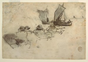 素描，两艘扬帆渔船，英格兰库勒科茨，1881-82 年 作者 温斯洛·荷马
