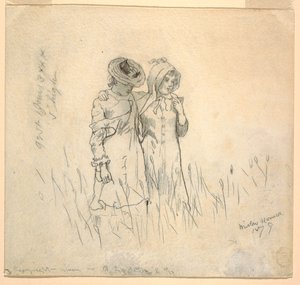 素描，田野中的两个女孩，1879 年 作者 温斯洛·荷马
