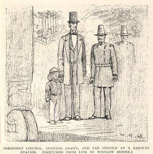 林肯总统、格兰特将军和泰德-林肯在火车站，选自《世纪杂志》，1887 年 11 月 作者 温斯洛·荷马