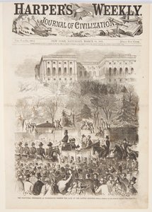 华盛顿通过国会大厦大门的就职游行，摘自《哈珀周刊》，1861 年 3 月 16 日，第 161 页。 作者 Harper and Bros.，纽约，纽约，美国