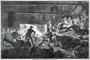 营地的冬令营--一间小屋的内部，摘自《哈珀周刊》1863 年 1 月 24 日 作者 温斯洛·荷马