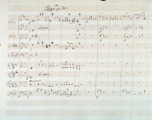 莫扎特《D大调第八交响曲》乐谱页（1768）。 作者 沃尔夫冈·阿玛迪斯·莫扎特