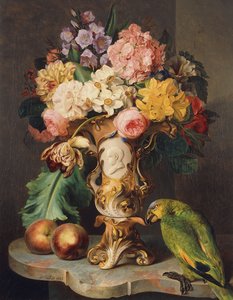 静物，花瓶装满鲜花，桃子和一只鹦鹉在大理石壁架上，1843年