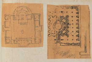 来自一个剪贴簿的页面，其中包含建筑的图画和一些印刷品，大约1800-1850年。创作者。Charles Percier工作室, Pierre François Léonard Fontaine工作室。 作者 Charles Percier 工作室，Pierre 工作室