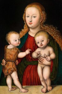德文：圣母子与施洗者圣约翰 圣母子与圣约翰 作者 卢卡斯·克拉纳赫（Lucas Cranach）讲习班