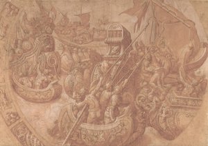 莫尔比昂湾的海战，16世纪。 作者 Taddeo Zuccaro 的工作室。