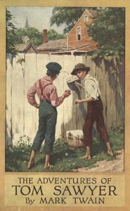 马克-吐温（1835-1910）的《汤姆-索亚历险记》的封皮，1910年出版。1910年（彩色平版印刷）。