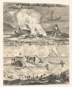 独木舟和两个竹筏的草图 印度制作的旅行素描（系列名称） 作者 Cornelis de Bruyn（拒绝归因）