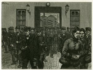 A factory exit in Ghent. Engraving by X. Mellery, after nature, to illustrate the story “” Belgium””, in 1888, by Camille Lemonnier (1844-1913), art critic and writer. Published in the Tour du monde, 2nd semester 1883, edited by Edouard Charton (1807-1890)