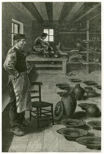 The potter of Terneuzen, in his workshop, clogged with vases and dishes, near the window, the potter works the clay on the harness and his apprentice, below, works the turn. Engraving by X.Mellery, after nature, to illustrate the story “” Belgium””, in 188