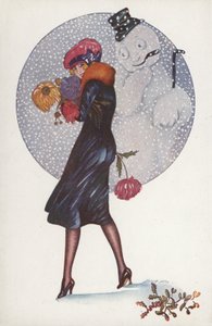 新年卡与一个女孩和一个雪人 作者 泽维尔·萨格（Xavier Sager）