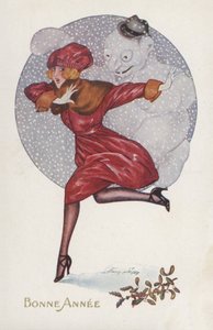 新年卡与一个女孩和一个雪人 作者 泽维尔·萨格（Xavier Sager）