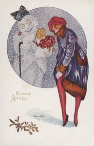 新年卡与一个女孩和一个雪人 作者 泽维尔·萨格（Xavier Sager）