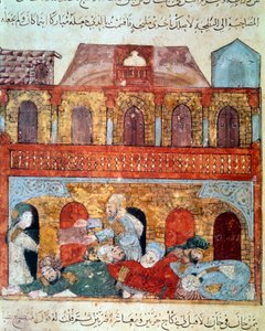 漂泊的航海家阿布-扎伊德（Abu Zayd，Abu Zayd）和沉睡的商人 迷你画取自阿布-穆罕默德-卡西姆-伊本-阿里-哈里里（或称阿尔-哈里里或阿尔-哈里里）（1054-1122）的 "Maqamat"（Seances），由叶海亚-马哈茂德-瓦西提（al-Wasiti）放大，在
