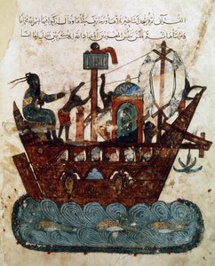 Ar 5847 f.119v 女士，Abu Zayd 和 Al-Harith 从巴士拉航行到阿曼，来自 al-Hariri 的 Maqamat（会议）的缩影，c.1240（纸上水粉）