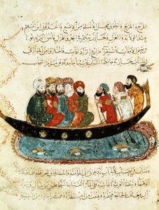 Ar 5847 f.67 女士，幼发拉底河上的船，Al-Hariri 的“Al Maqamat”（会议）的缩影，c.1240（牛皮纸上的水粉画）