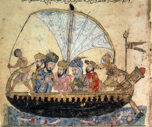 哈马姆的儿子哈里斯（Al Harith）和游荡的航海家艾布-扎伊德（Abu Zayd）在幼发拉底河上航行的小船上。 艾布-穆罕默德-卡西姆-伊本-阿里-哈里里（或Al-Hariri或Al Hariri）（1054-1122）的 "Maqamat"（Seances）微型画。